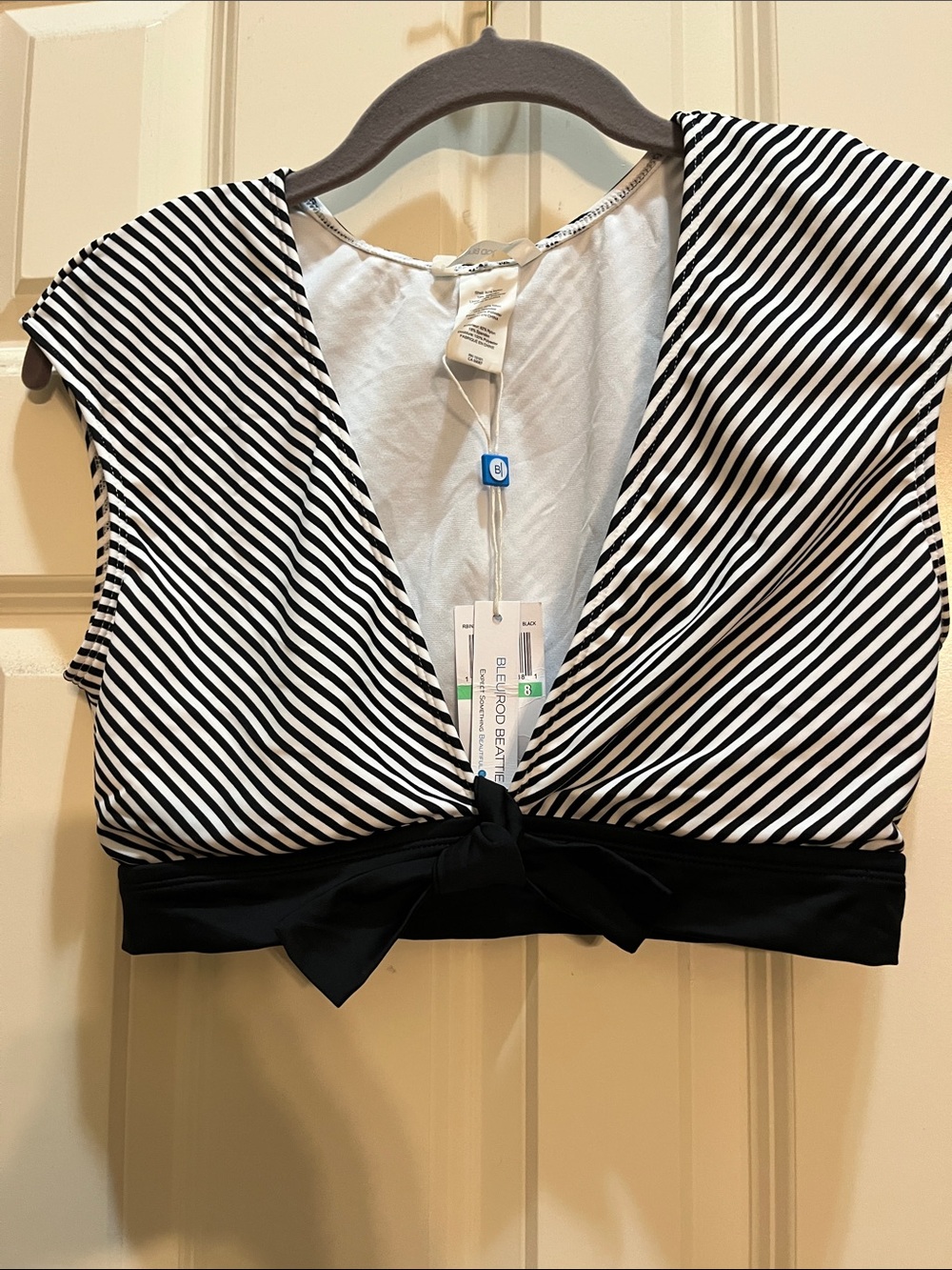 Bleu Rod Beattie Black & White Striped Tie-Front Crop Top Bathing Suit Top